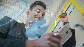 Young man using smartphone with digital data animation overlaying scene. Technology, connectivity, innovation, communication, futuristic, mobile - Powered by Shutterstock - Get 15% off with code: PIKWIZARD15