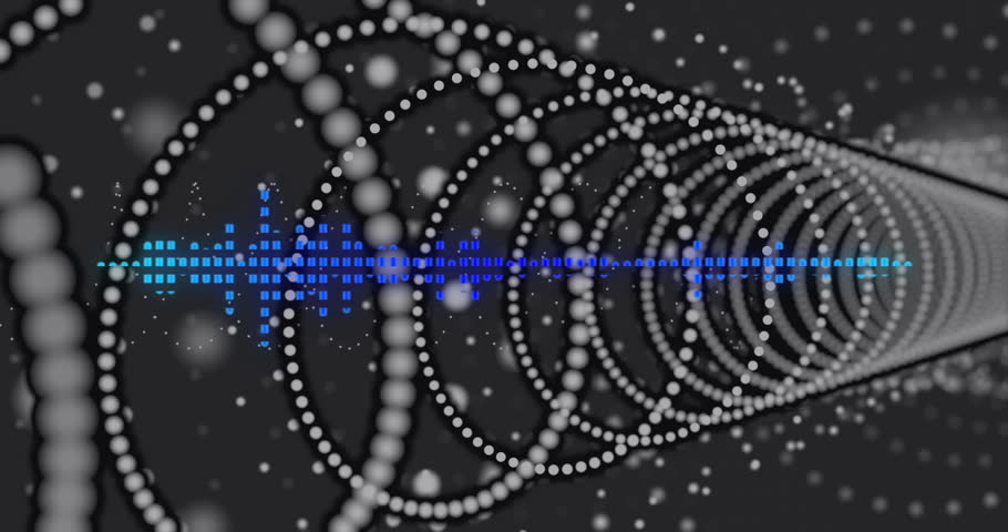 Dynamic sound wave animation with blue equalizer over spiraling white dots. Music, soundwave, abstract, technology, frequency, audio