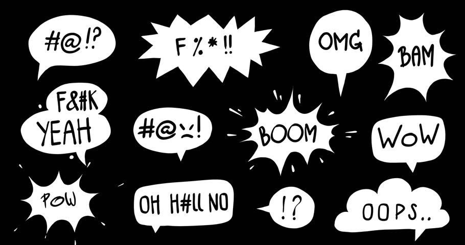 Explosive speech bubble Animated Sticker Pack. Cartoon Swearing and Action Speech Bubbles.  Doodle Animated BOOM, BAM, OMG and Explosive Expressions. Comic Style Exclamations 