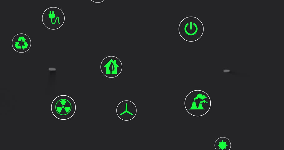 Green energy and environmental icons over digital data and graphs animation. Sustainability, renewable, ecology, infographic, analytics, tech