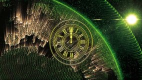 Animation of glowing clock face with Roman numerals over digital world map. Time, global, technology, futuristic - Powered by Shutterstock - Get 15% off with code: PIKWIZARD15