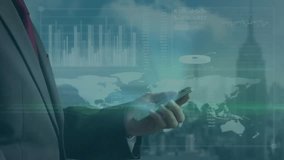 Using smartphone, businessperson viewing animation of digital dollar symbols and graphs. Finance, technology, investment, economy, analysis, data - Powered by Shutterstock - Get 15% off with code: PIKWIZARD15