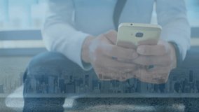 Using smartphone with digital data overlay on cityscape, person exploring animation. Technology, innovation, augmented reality, urban, futuristic, connectivity - Powered by Shutterstock - Get 15% off with code: PIKWIZARD15