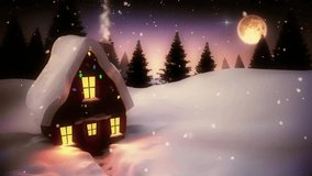 Santa's sleigh flying over snow-covered cottage with glowing lights in moonlit sky. Christmas, holiday, winter, festive, decoration, magical - Powered by Shutterstock - Get 15% off with code: PIKWIZARD15
