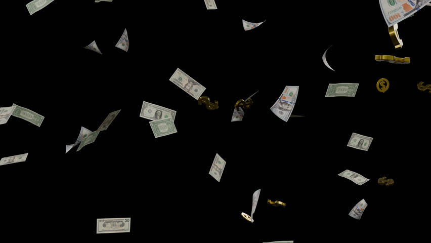 dollars and dollar gold symbols explosion with alpha channel