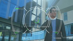 Talking on phone, businessman with digital target animation overlay in office. technology, communication, corporate, innovation, strategy, professional - Powered by Shutterstock - Get 15% off with code: PIKWIZARD15