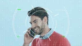 Talking on phone, man in red sweater with facial recognition animation overlay. Technology, communication, biometric, digital, surveillance, innovation - Powered by Shutterstock - Get 15% off with code: PIKWIZARD15