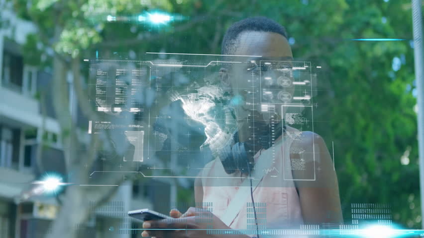 Young man using smartphone with digital world map and data overlay animation. Technology, innovation, connectivity, communication, futuristic, virtual - Powered by Shutterstock - Get 15% off with code: PIKWIZARD15