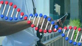 DNA strand animation over person using smartphone near railing outdoors. Science, biotechnology, genetics, innovation, research, technology - Powered by Shutterstock - Get 15% off with code: PIKWIZARD15
