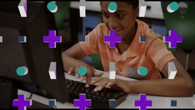 Young boy using computer with colorful geometric shapes animation overlay. Technology, childhood, creativity, learning, digital, interactive - Powered by Shutterstock - Get 15% off with code: PIKWIZARD15