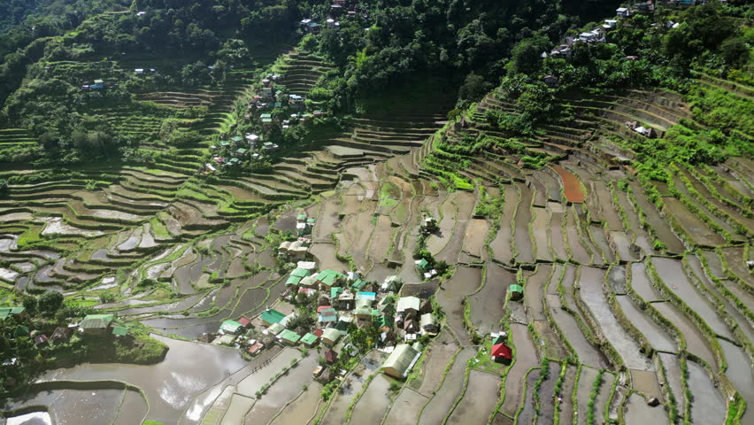 Aerial around view of picturesque Batad Rice Terraces in Ifugao Province, Luzon Island, Philippines, 4k
