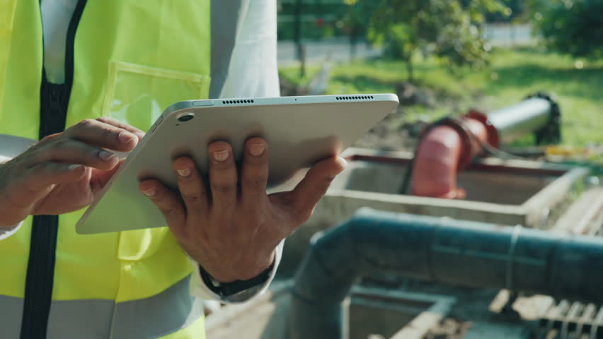 Engineer in safety vest inputs information on tablet at waste water treatment facility closeup. Technician analyzes digital data of sewer filtration station standing against pipes