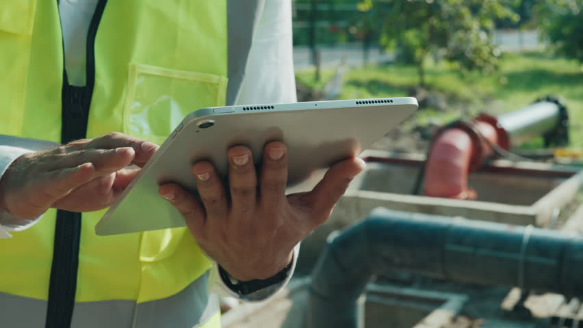 Engineer in safety vest inputs information on tablet at waste water treatment facility closeup. Technician analyzes digital data of sewer filtration station standing against pipes - Powered by Shutterstock - Get 15% off with code: PIKWIZARD15