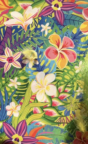 A festive Easter nest with green fiber grass, colorful speckled eggs, and yellow feathers, rotating clockwise and moving in and out of the view ; a vertical video on the tropical floral background.