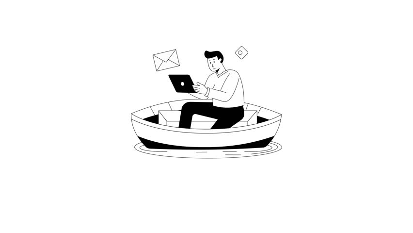 Freelancer boating animated illustration in hand drawn style
