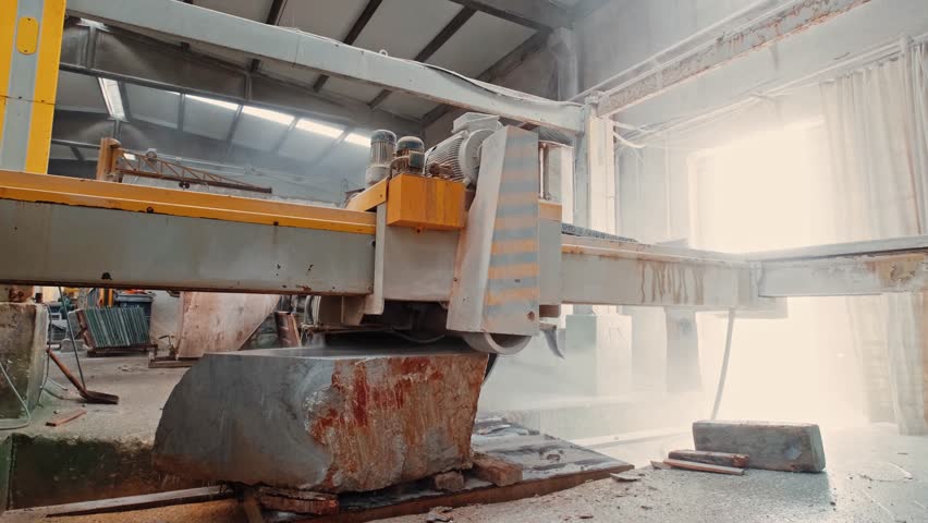 Cutting phase of stone blocks in a marble factory. An automated cutting machine precisely slices large marble blocks into specified dimensions.