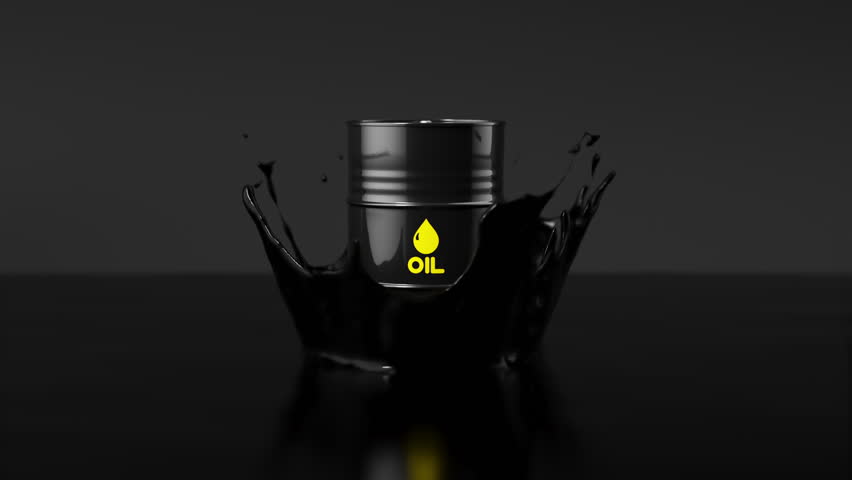 Black metal oil barrel fall in the pond of crude oil with liquid splash. Oil industry concept. 3d render animation