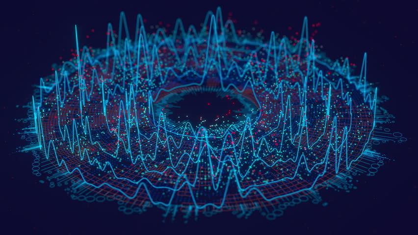 Round Big Data information processing. Complex data analysis. Cyber space of AI technology learning. Futuristic graph. Digital information flow. 3d render loop