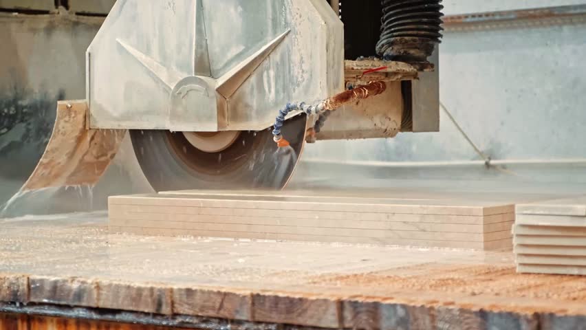 Industrial stone-cutting machine slicing marble slabs. A worker supervises the precise cutting of large stone blocks.