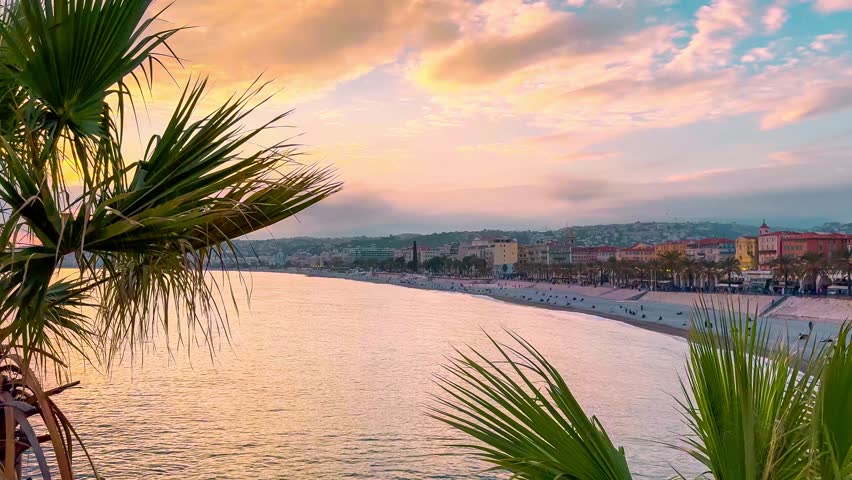 French Riviera. Sunset on the seashore in Nice, France. High quality 4k footage