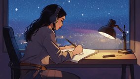 Lofi girl with headphone studying in study room snow falling outside Chill rainy atmospheric background for music video. Anime manga woman relaxing with study beats. Lo-fi song wallpaper. Looped video - Powered by Shutterstock - Get 15% off with code: PIKWIZARD15