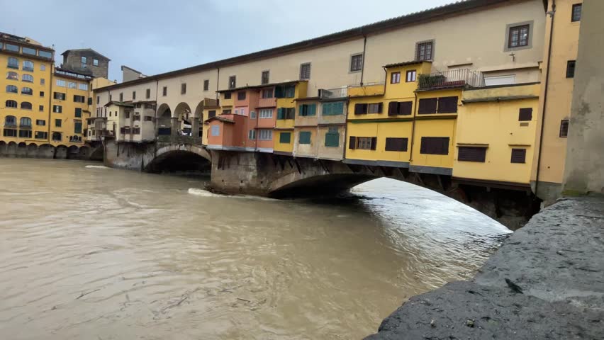 Florence, Italy , Ponte vecchio bridge.  River flood 