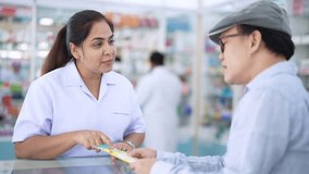 Medical pharmacy clinic, pharmaceutical and healthcare service. Female pharmacist medication advice patient customer about safety medication use, medicine, drugs and medical product at drug store. - Powered by Shutterstock - Get 15% off with code: PIKWIZARD15