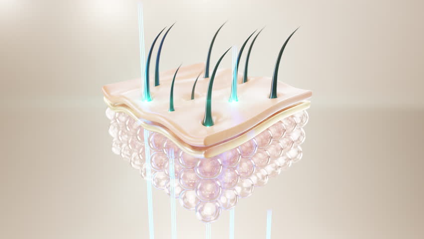 3D animation of laser hair removal treatment targeting hair follicles, representing advanced skincare technology, permanent hair reduction, and smooth skin solutions.