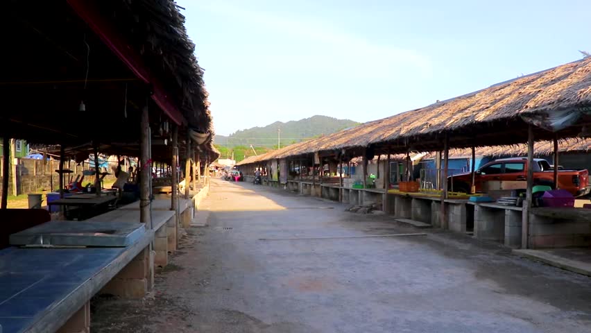 Khao Lak Phang Nga Thailand 06. February 2020 Empty Thai night market stands during sunset at Bang Niang Market Chong Fah in Khao Lak Amphoe Takua Pa Phang Nga Thailand in Southeast Asia.