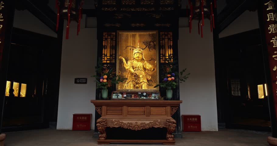 Chengdu, Sichuan, China. Golden Statue To Budhist Deity. Wenshu Monastery Buddhist Temple. Wenshu Monastery Authorized As National Key Buddhist Temple In China.