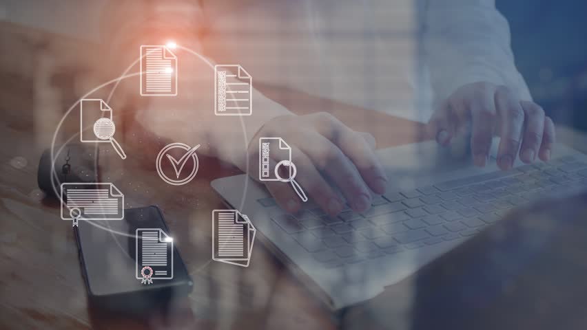 Concept of improving digital business document flow. Symbolic icons rotate against the background of a translucent silhouette of a person working on a laptop. Cg