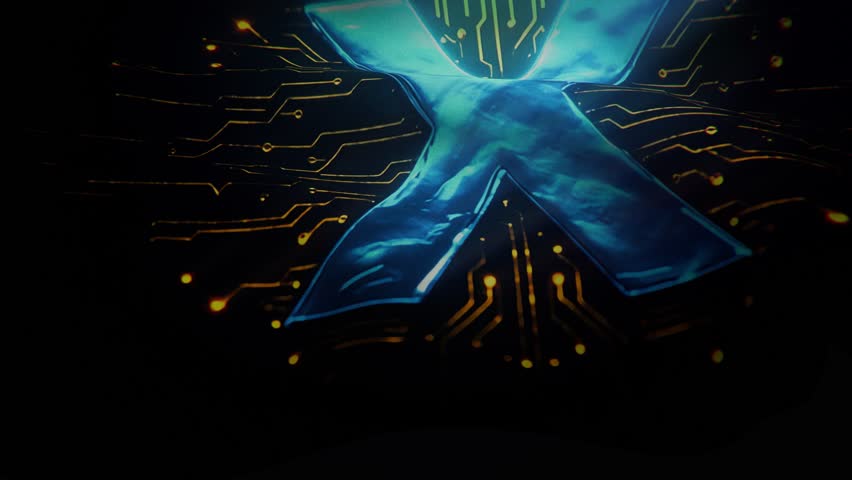 A closeup, spotlight-lit realistic 3D animation of a waving flag featuring the XRP logo, symbolizing blockchain innovation and digital finance.