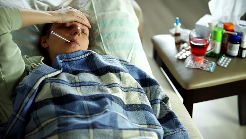 Sick Woman Checking Temperature. Seasonal Cold Home Treatment. Sick Flu Virus Illness Symptom. Headache Unwell Illness. Sick Woman Feel High Temperature. Severe Cold Suffering Flu Fatigue. Flu Virus