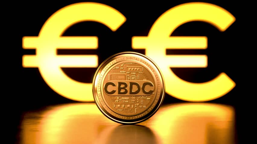 Looping video of CBDC Central Bank Digital Currency golden coin rotating in front of the euro symbol in 3D animation. A new form of money issued electronically by a central banks - Powered by Shutterstock - Get 15% off with code: PIKWIZARD15