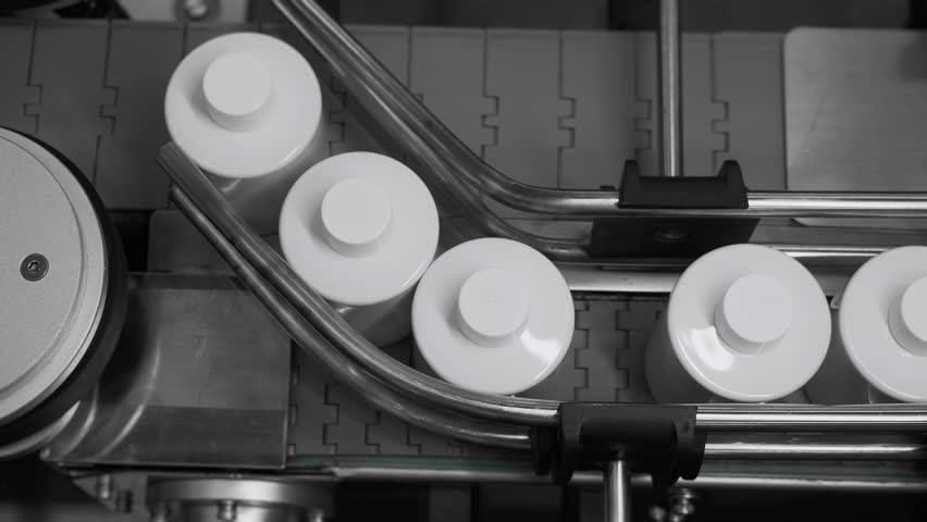 White plastic bottles for cosmetics move along a conveyor belt in a factory. Production of shampoo, shower gel and liquid soap. Machinery For Product Assembly. Cosmetics production plant. 