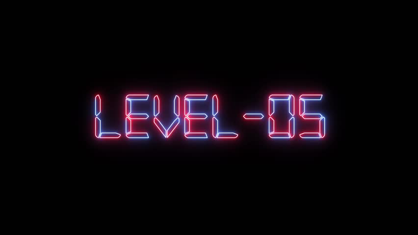 Glowing level-5 text with glitch effects animation. game concept next level icon isolated on a black background video 4k.