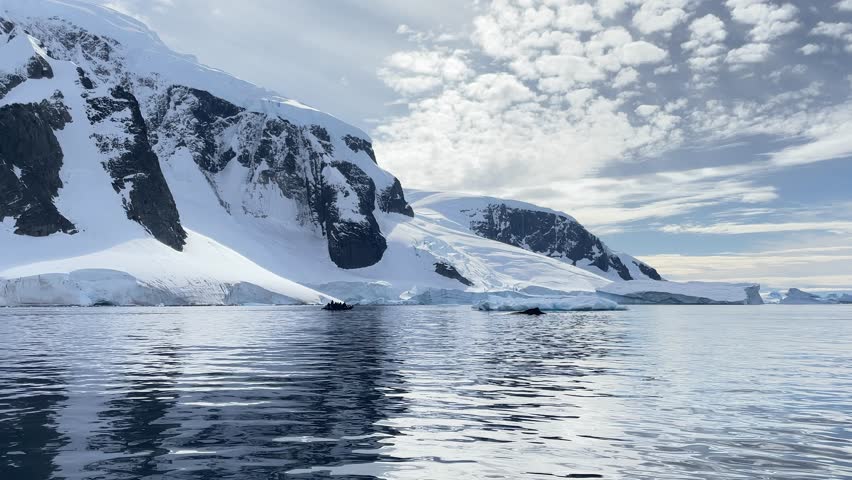 Majestic glacier views with a ship exploring icy waters in Antarctica on a cloudy day