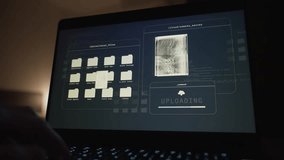 Uploading classified info and documents to remote server using laptop in room. Dark hotel suite where hacker is copying and transferring secret files from system database into cloud. Cyber crime - Powered by Shutterstock - Get 15% off with code: PIKWIZARD15