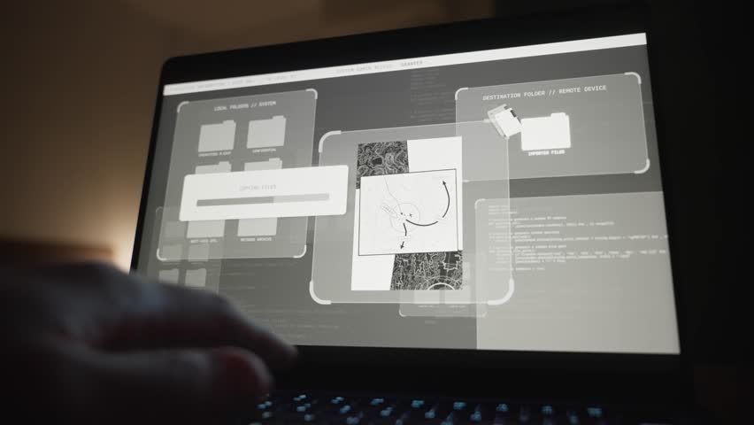 Laptop computer showing top secret files stolen and copied while hacker types. Man hacking secured system with remote access. Transferring sensitive info from server and then when done closes screen
