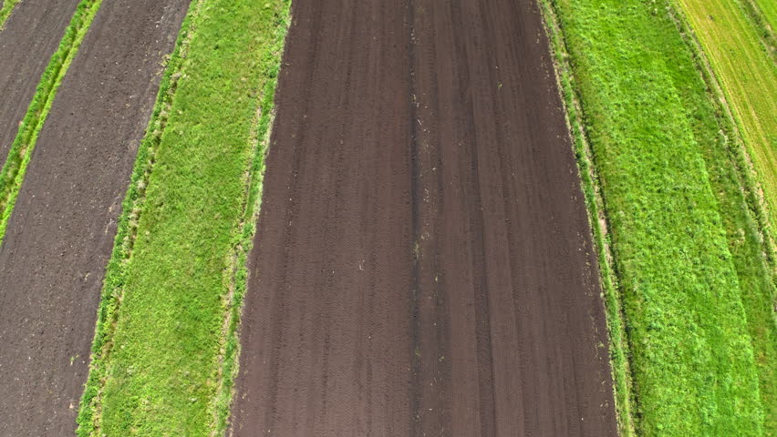 Aerial Video of Agricultural Fields with Alternating Plowed and Green Strips