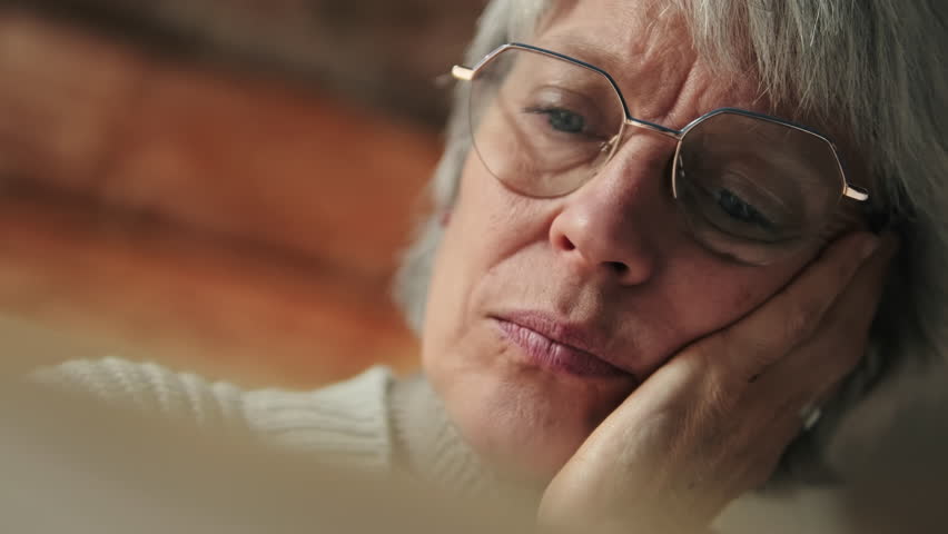 Close-up of a sad elderly woman wearing reading glasses. She rests her head on her hand, lost in thought. This evokes feelings of loneliness, worry, and contemplation in old age.