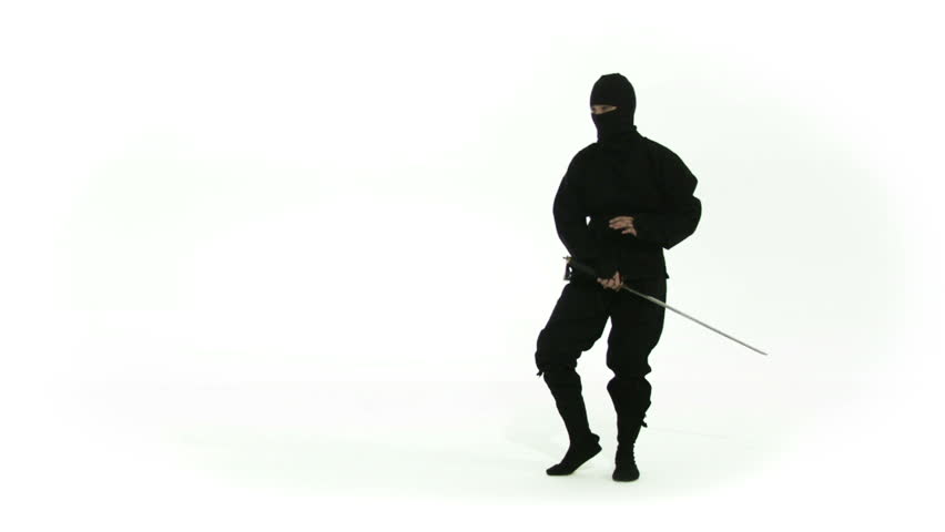 Ninja assassing posing with a sword on a white background. Recorded in slow