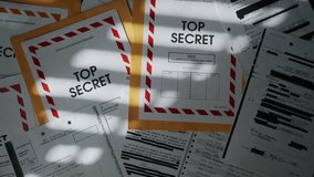 Various classified and top secret documents and envelopes in dark room. Mysterious and secretive mood in office desk with window shadow on files and papers. Confidential information with censored text - Powered by Shutterstock - Get 15% off with code: PIKWIZARD15