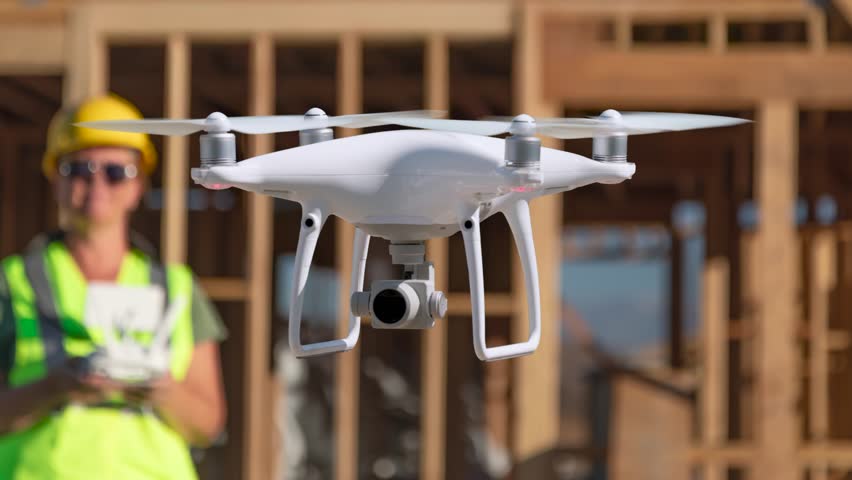 Female Pilot With Remote Control Flying A UAV Quadcopter Drone Outdoors At A Construction Site Slow Motion.