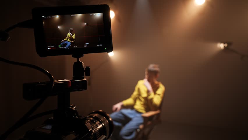 Studio for photo video production filming with lighting equipment and cyclorama, close shot focus on camera display recording actor sitting on chair and talking.