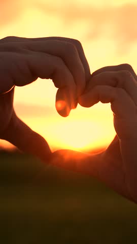Happy couple man woman making heart gesture with fingers in sun park. Heart with fingers symbol Valentine's Day. Married couple man woman joined fingers in heart shape outdoors at sunset. People love