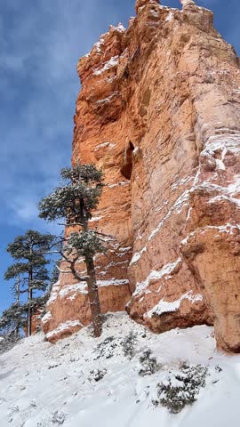 Vertical video, beautiful Bryce Canyon National Park in winter, Utah, USA