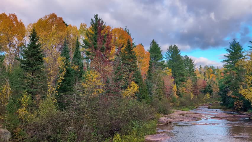 Evening sunlight illuminates autumn foliage over the Baltimore River in the Ottawa National Forest of Michigan
