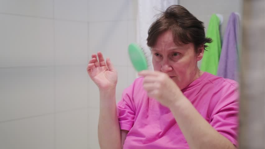 Elderly Woman Styles Her Hair in a Bright Bathroom While Preparing for the Day Ahead