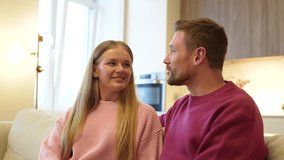 Loving captivated joyful wife gazes at husband opening up emotions, romantic beginnings. Intimacy deepening, trust couple bonding, communication, affectionate listening, admiration, supportive spouse - Powered by Shutterstock - Get 15% off with code: PIKWIZARD15